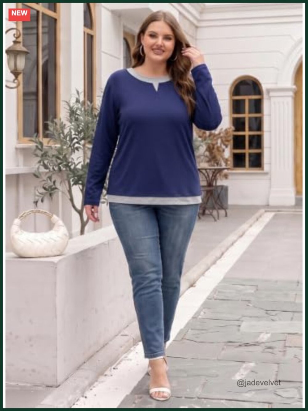 Plus Size Long Sleeve Crewneck Color Block Patchwork Top 1X-5X - Picture 2 of 6